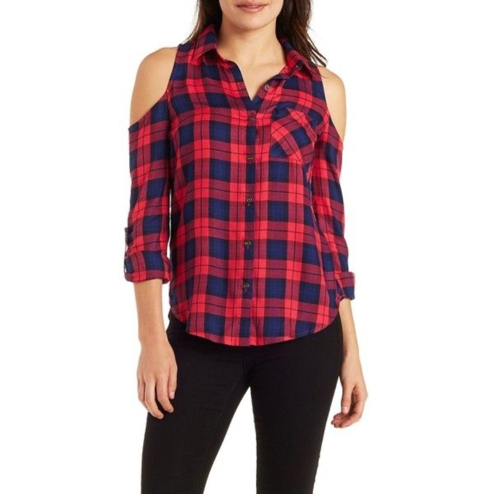 Charlotte Russe Red and Black Plaid Cold Shoulder Shirt